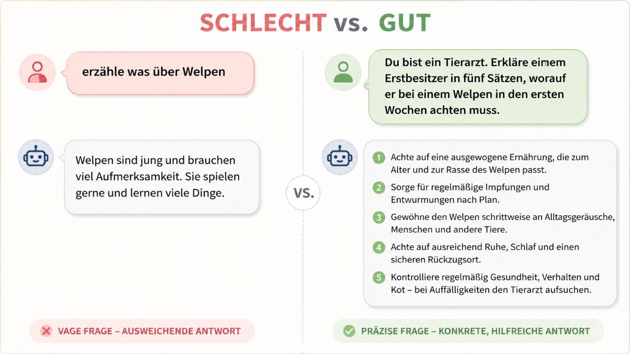 Abbildung 5 – Gegenüberstellung zweier Chat-Antworten: vage Frage vs. gezielter Prompt