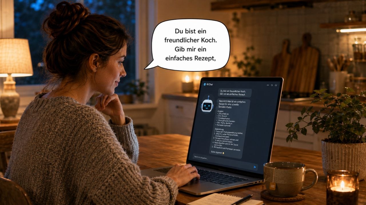 Abbildung 4 – Unsere Einsteigerin formuliert einen Prompt am Laptop