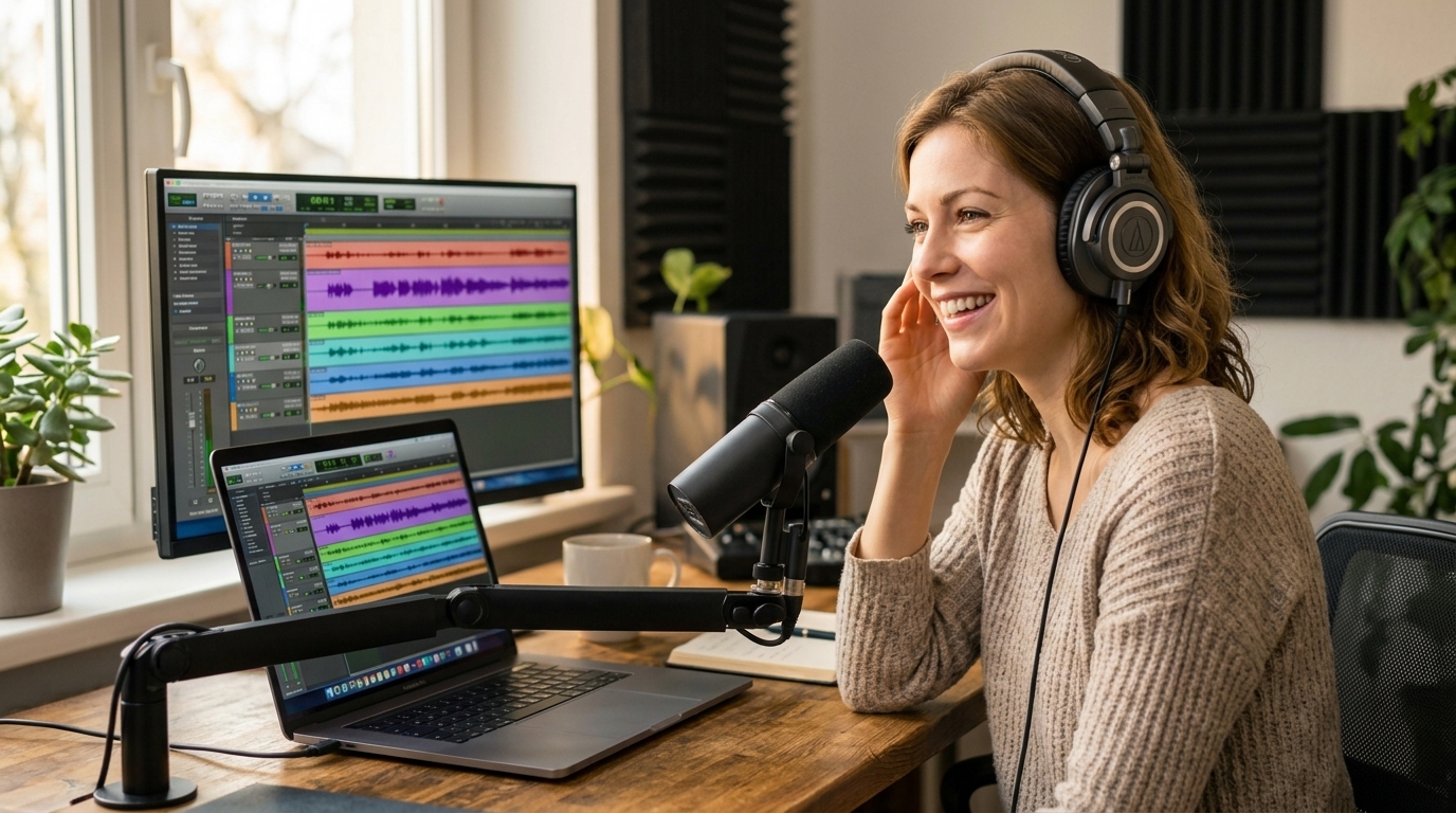 Abbildung 16 – Unsere Einsteigerin experimentiert mit KI-generierten Audio-Wellenformen und Podcast-Spuren