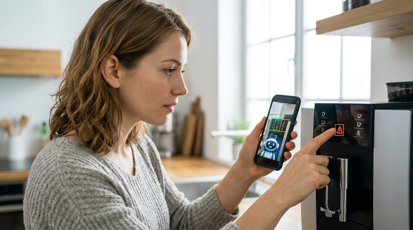 Unsere Einsteigerin fotografiert das Bedienfeld eines Kaffeevollautomaten mit ihrem Smartphone zur Fehlersuche