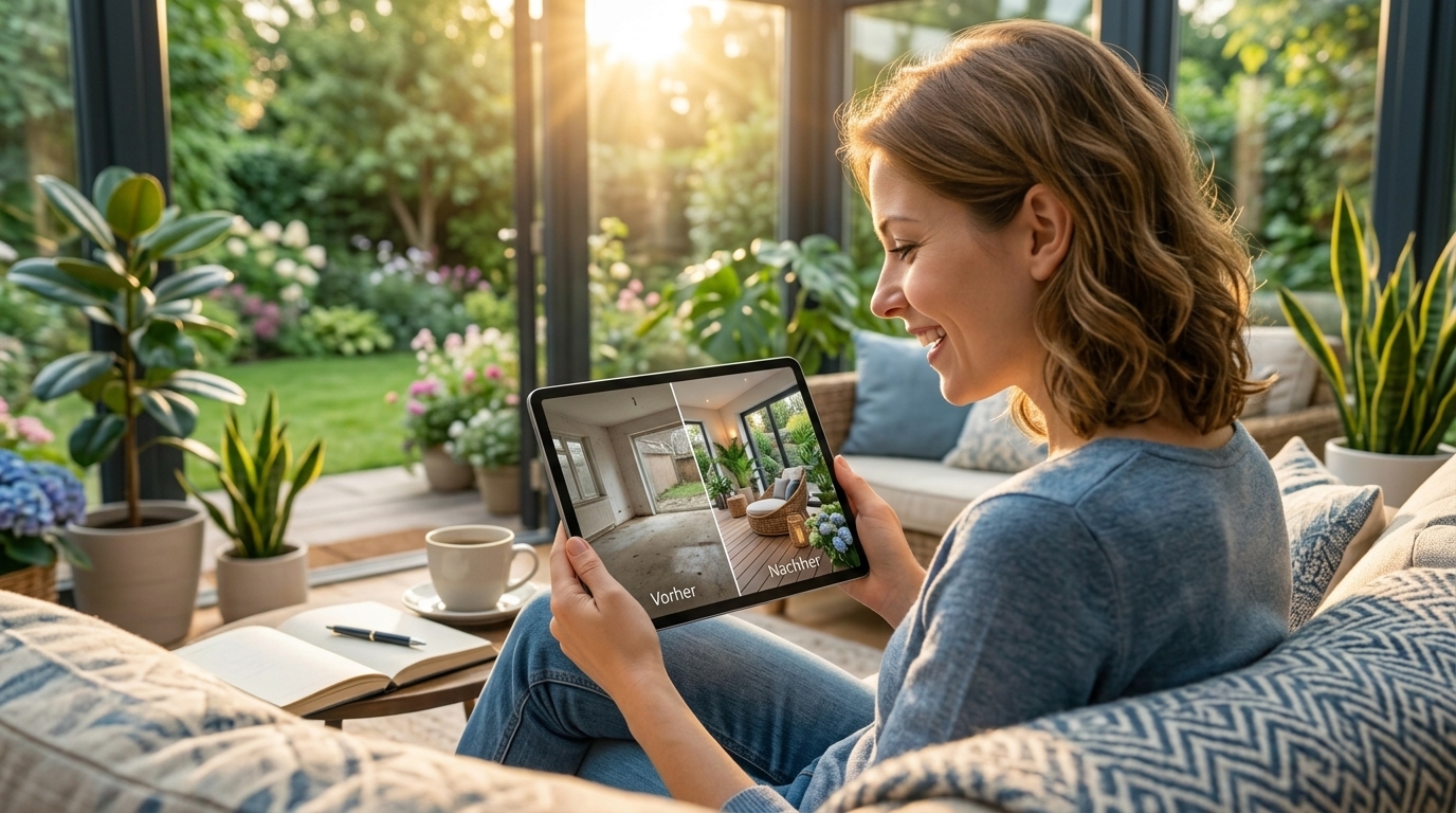 Unsere Einsteigerin betrachtet auf einem Tablet eine fotorealistische Vorher-Nachher-Visualisierung einer Raum- und Gartengestaltung