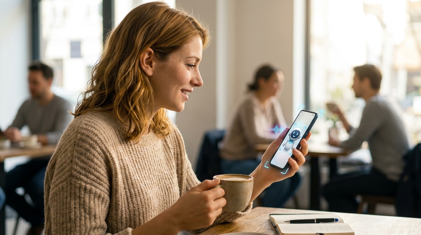 Unsere Einsteigerin entspannt im Café mit ihrem Smartphone, das als intelligenter KI-Assistent dient